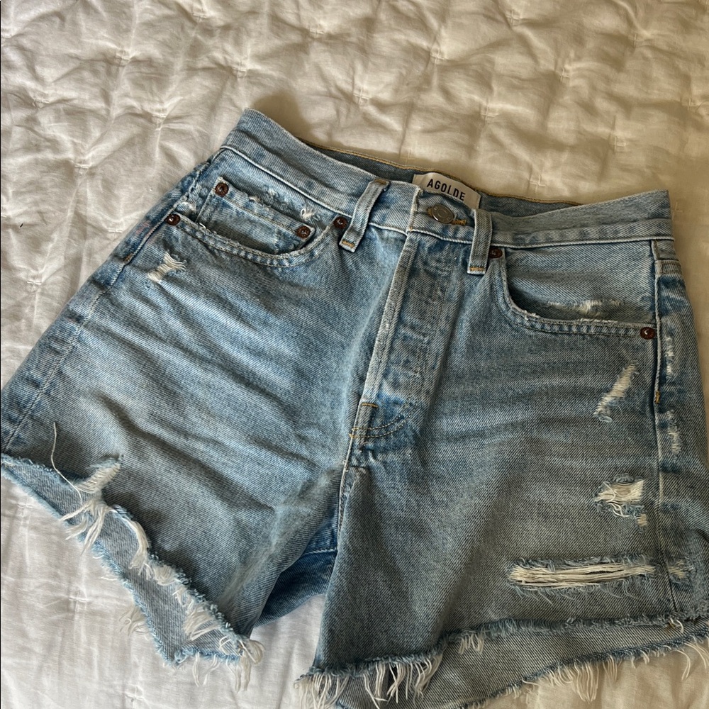 Agolde Light Wash Distressed High-Rise Denim Shorts